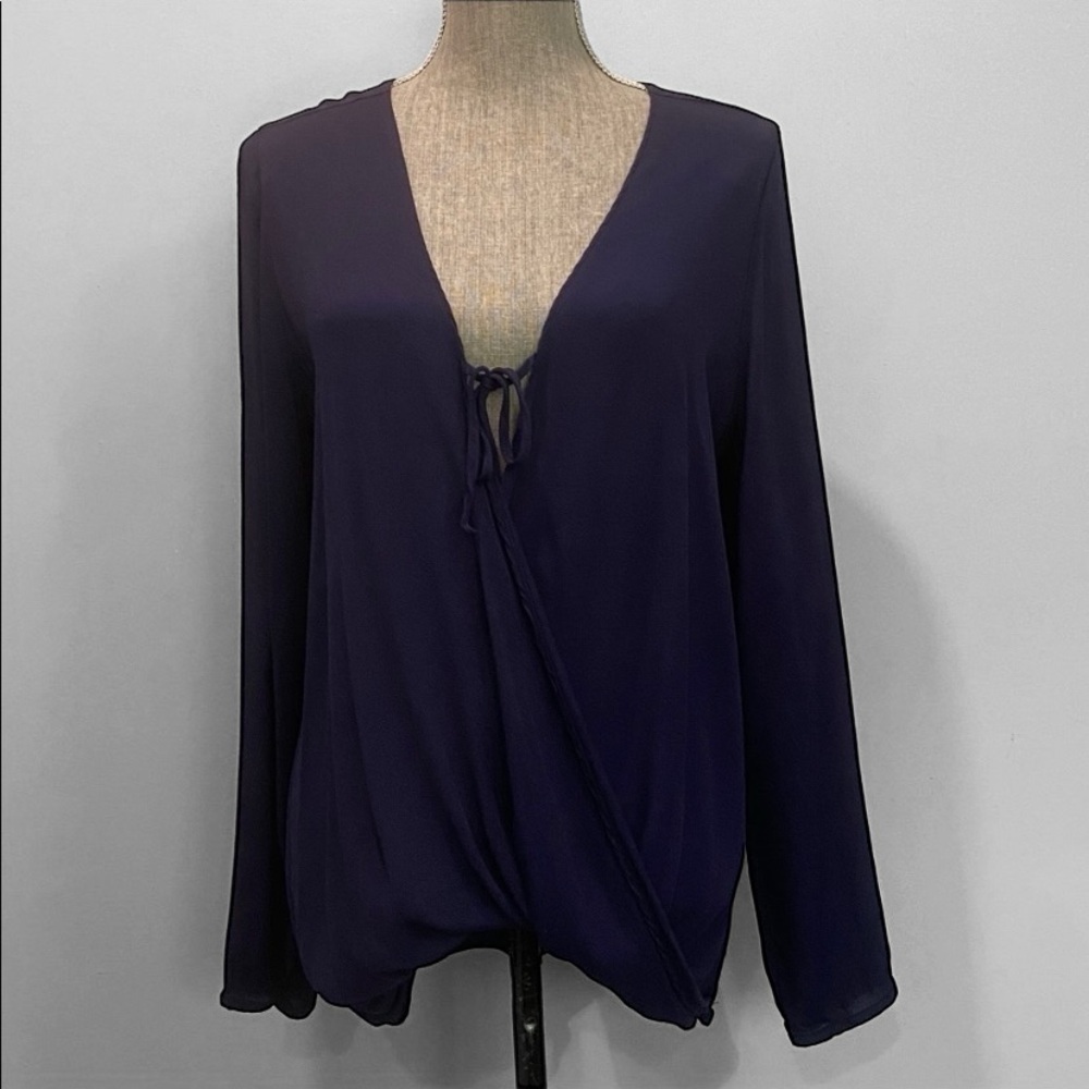 Melissa Nepton Navy Blue Silk Long Sleeve Top Size Large Women's Tie Front